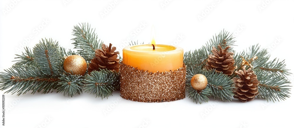 Poster fir branch with decorative elements candle and pine cones creating a festive atmosphere on a white b