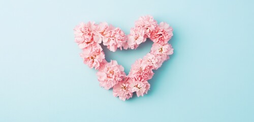 A minimalist background featuring a paper-cut heart shape filled with delicate pink carnations, set against a soft pastel color palette, designed as a Mother's Day greeting card template