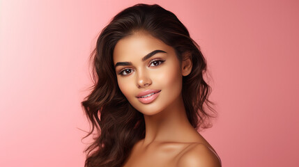 Naklejka premium Portrait of smiling latin american teenage girl with pink background.