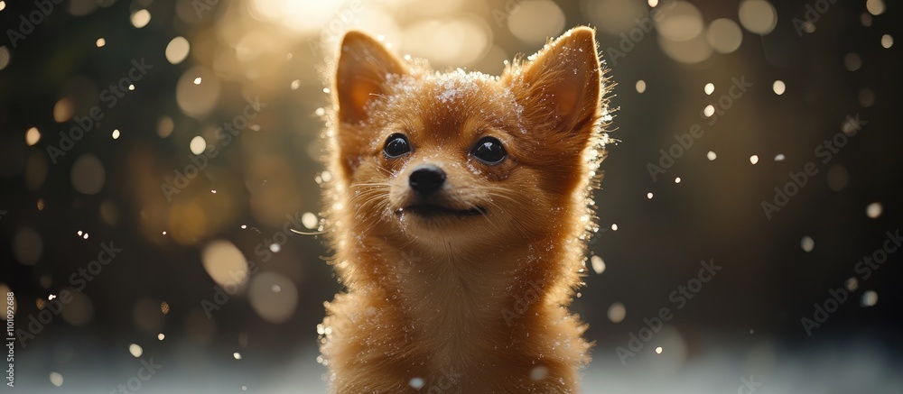 Poster charming fluffy dog in golden light surrounded by sparkling droplets creating a serene and delightfu