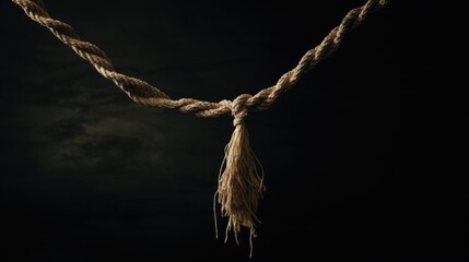 Frayed rope hanging by a thread symbolizing tension and impending breakage against a dramatic dark background