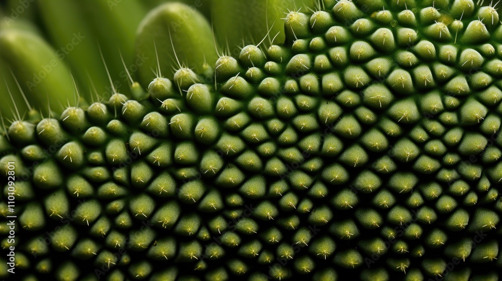 Poster Macro view of cactus surface showcasing unique textures and patterns on a vibrant green background with blurred elements for emphasis