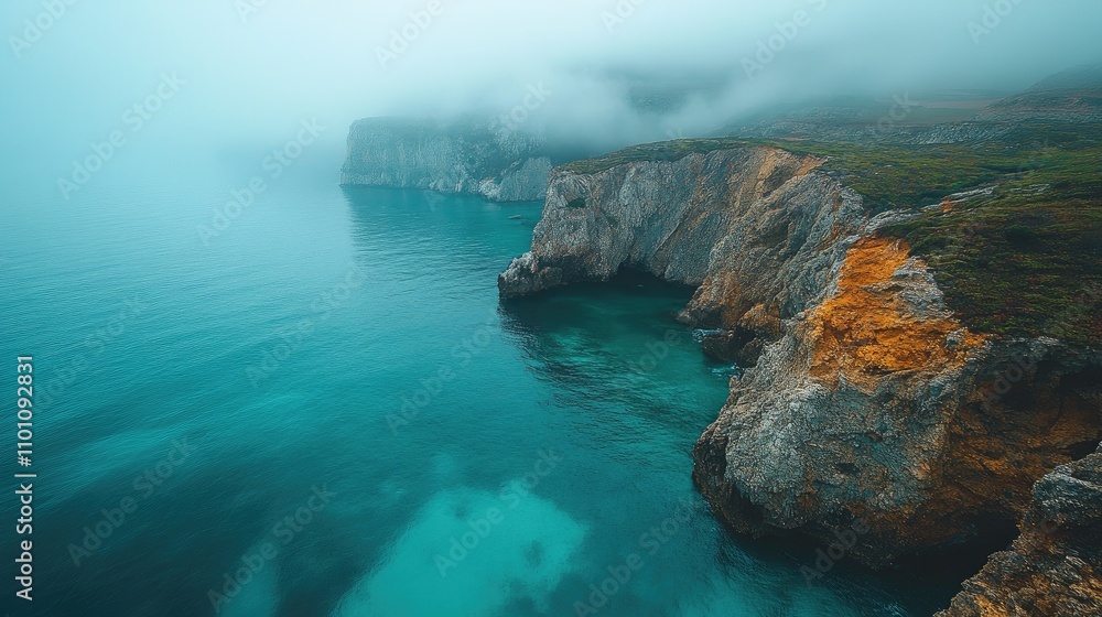 Poster misty coastal cliffs with ocean views and fog enveloping the landscape creating a serene atmosphere 