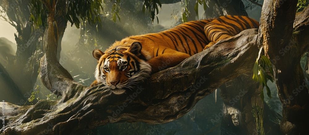 Poster majestic tiger resting on a tree branch in a lush jungle environment with sunlight filtering through