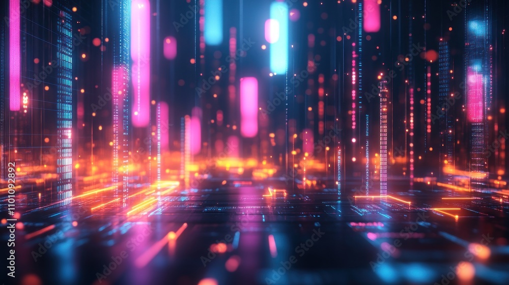 Poster abstract digital background with glowing lines and particles in vibrant colors.