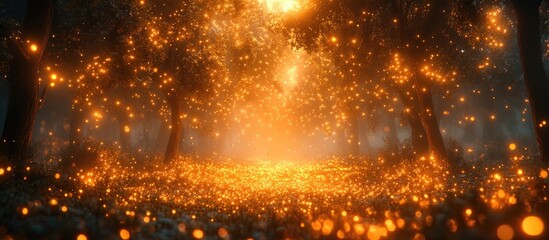 Naklejka premium Magical glowing fireflies illuminating a mystical forest path at twilight