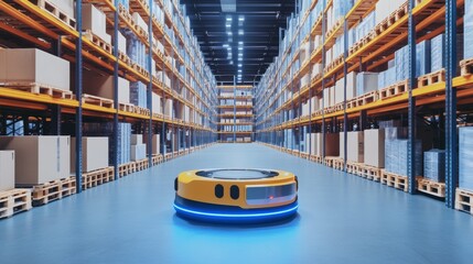 AI-driven warehouse robotics, logistics hub with automated guided vehicles (AGVs) and inventory systems, High-tech style