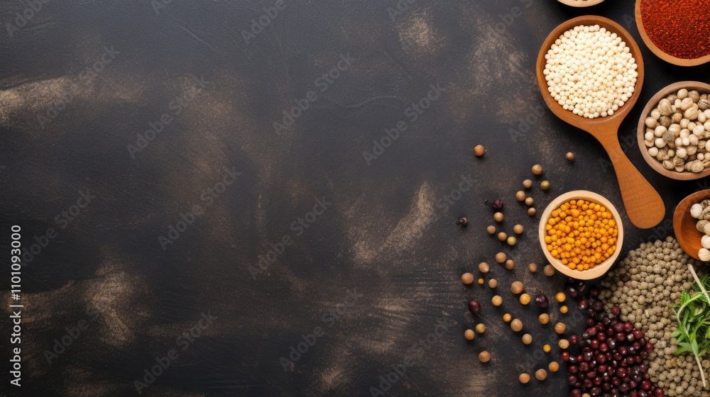 Poster lentil and bean product menu concept with top view layout showcasing serving sizes and diverse legum