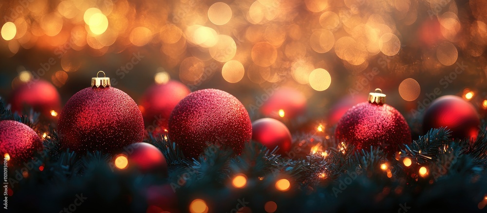 Poster festive holiday backdrop with shimmering ornaments and bokeh lights creating a warm and cheerful atm