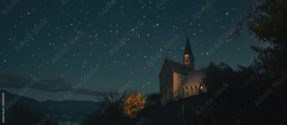 Poster starry night sky over a quaint church illuminated by moonlight with trees and mountains in the backg