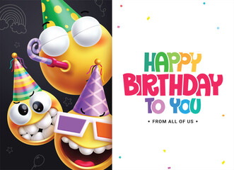 Fototapeta premium Happy birthday emojis clipart background template. Birthday greeting text with emoji character wearing party hat elements for party celebration in white board empty space. Vector illustration 