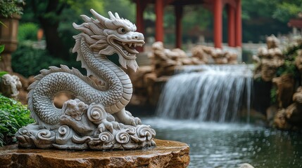 Obraz premium A jade dragon statue in front of a luxurious Feng Shui waterfall, with intricate carvings and water flowing smoothly over rocks.