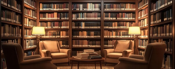 A library corner filled with subject-specific books, cozy reading chairs, and soft lighting, Vintage, Warm Tones