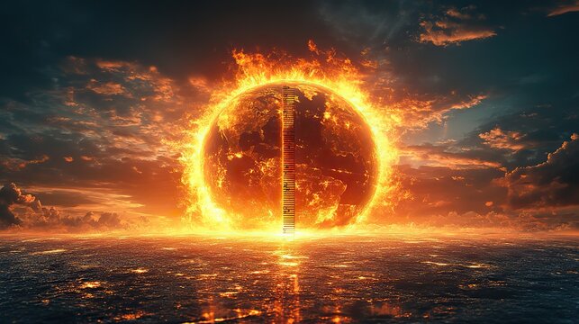 The sun, Earth, and a thermometer emphasize the urgency of addressing global warming.