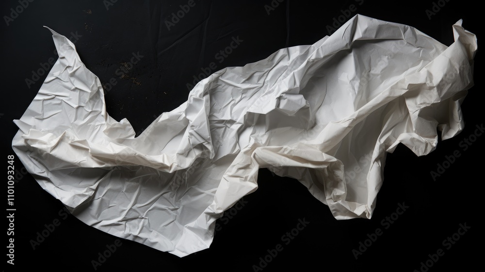 Poster crumpled white paper on a black background showcasing texture and depth in a minimalist design conce