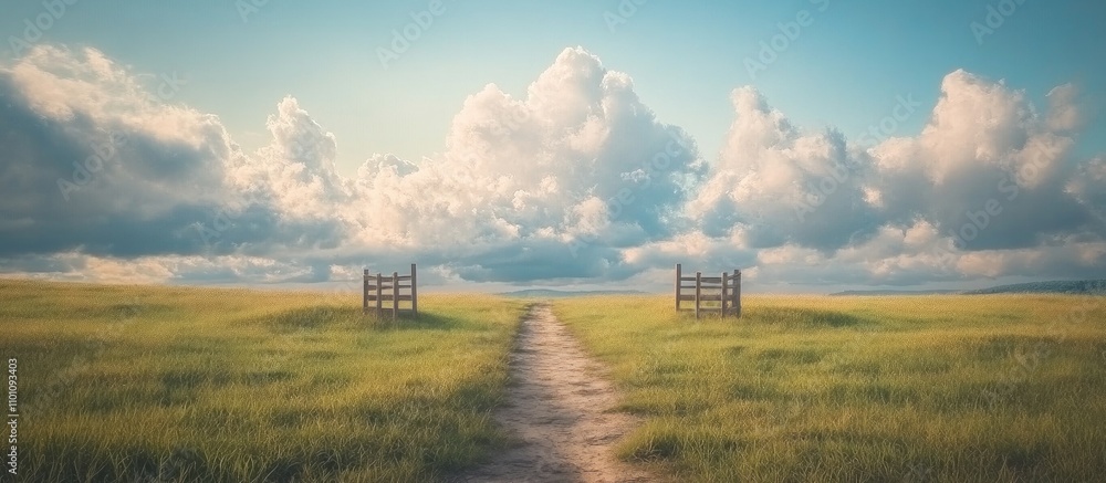 Poster rustic pathway leading to scenic fields under dramatic clouds evoking themes of nature agriculture a