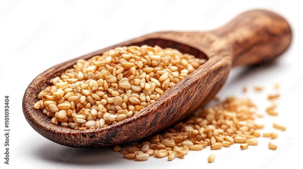 Aufkleber front view of a wooden scoop overflowing with sesame seeds on a clean white background emphasizing n