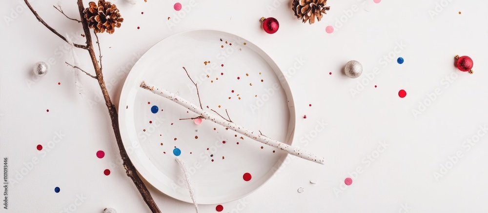 Poster festive table setting with a decorated branch plate and colorful confetti creating a cheerful atmosp