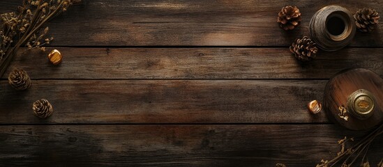 Rustic wooden tabletop with decor elements featuring vases pinecones and dried flowers in an overhead view composition