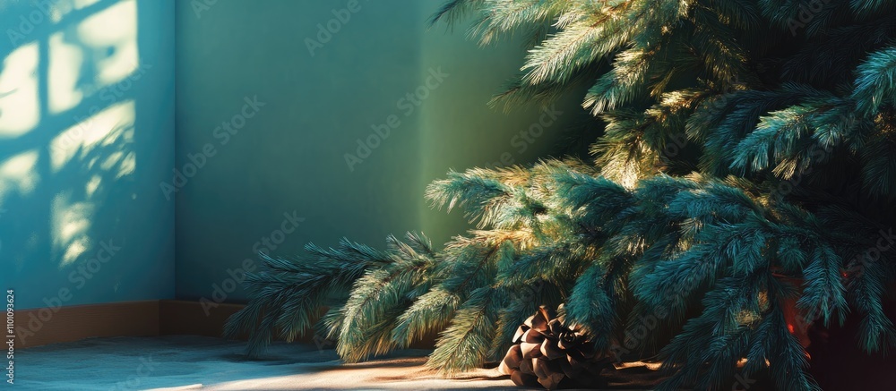 Poster cozy new year scene with a lush fir tree casting shadows in a serene interior setting adorned with n