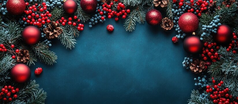 Festive Christmas and New Year greeting card design with pine branches and red ornaments on dark background perfect for personal messages