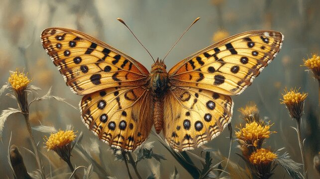 Silver washed fritillary butterfly perched on vibrant goldenrod flowers in a serene natural setting showcasing its intricate wing patterns.