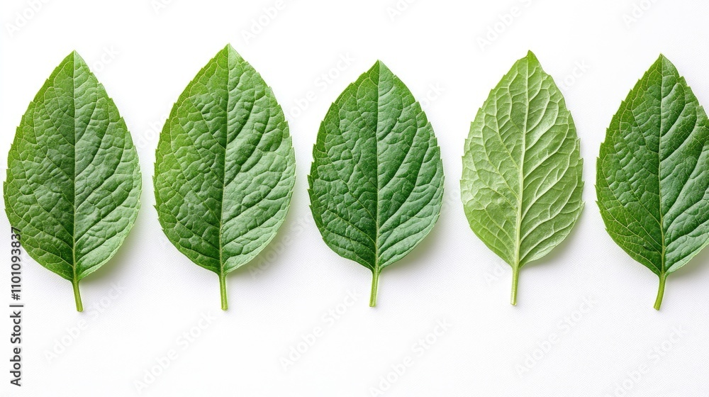 Poster fresh holy basil leaves displayed in a row on a clean white background showcasing their vibrant gree