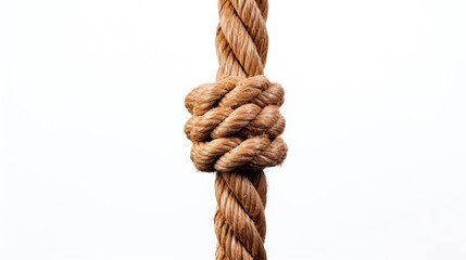 Rope knot tightly secured to a wooden pole highlighted against a clean white background showcasing texture and craftsmanship of the rope