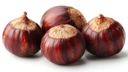 Obraz premium Freshly harvested chestnuts isolated on a clean white background showcasing their rich color and natural sheen for culinary or seasonal use