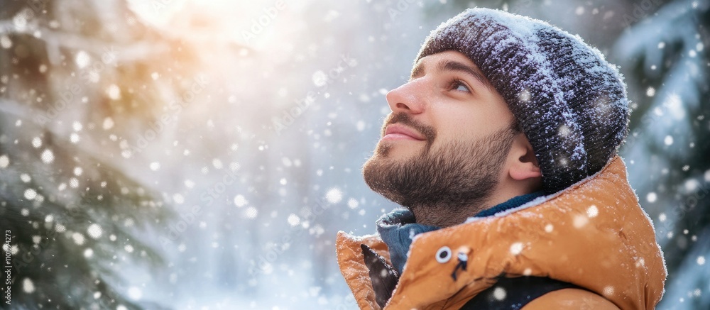Poster Man enjoying the beauty of a snowy winter landscape with soft snowfall and a serene expression on his face in a forest setting.