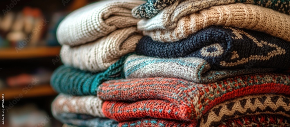 Aufkleber knitted pullovers in assorted styles and colors neatly folded on a shelf creating a cozy winter aest