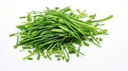 Fototapeta premium Chopped green onions and chives scattered on a white background showcasing fresh spring onion pieces for culinary presentation.