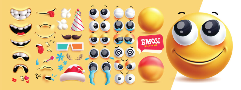 Emoji creation kit clipart 3d character set. Emoji editable face with mouth, eyes, tongue, mustache, tears and party hats in happy, cute and crying expressions. Vector illustration creation kit 
