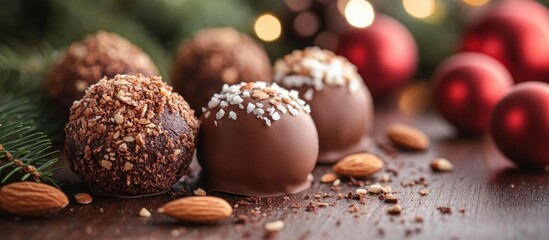 Gourmet chocolate truffles with almonds and coconut arranged festively on a wooden table with holiday decorations and fir branches