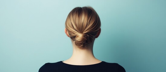 Obraz premium Woman with long hair in a bun experiencing neck pain from the rear against a light blue background illustrating health and discomfort.