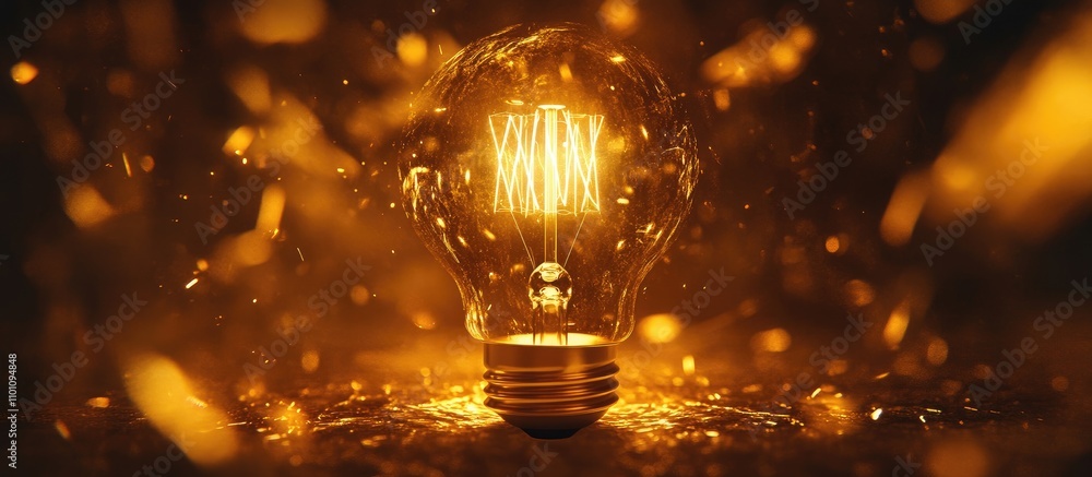 Poster light bulb illuminated in golden glow with glowing elements representing innovation creativity and i