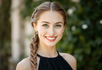 Fototapeta premium Beautiful Woman Smiling Braided Hair Outdoor Portrait Green Background