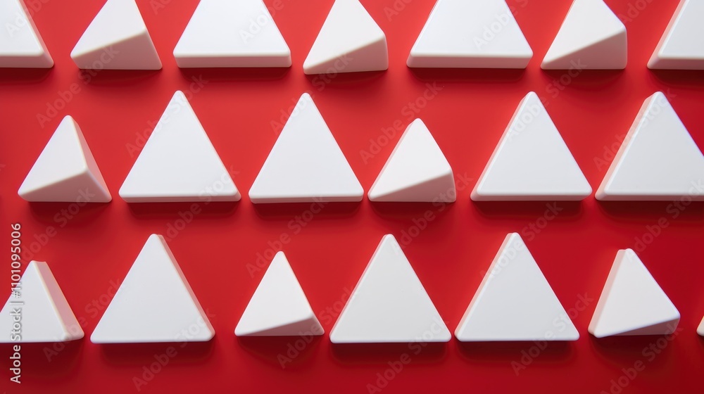 Poster White triangular tablets arranged in a uniform pattern on a vibrant red background showcasing geometry and color contrast in design.