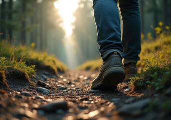 Fototapeta premium Person walking on a forest trail during sunrise with sunlight filtering through trees
