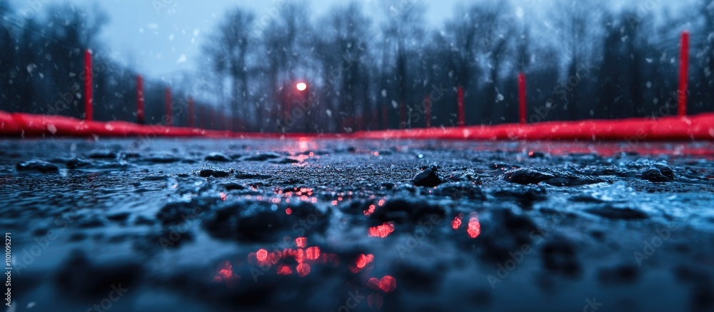 Poster wet pavement with reflections during rainfall under a dim streetlight creating a moody atmosphere in