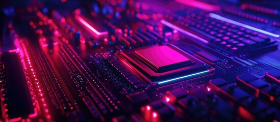 Obraz premium Futuristic keyboard circuit board glowing with neon lights representing modern technology and design innovation in hardware industry