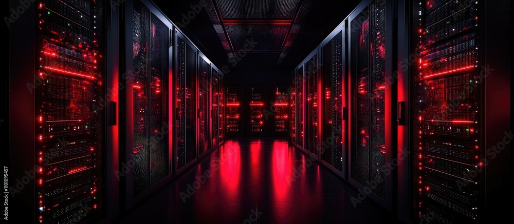Poster data processing in a server room showcasing advanced computing technology and global networking in a