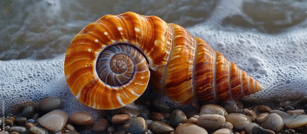 Poster vibrant seashell resting on pebbles by the shoreline with gentle waves creating a serene coastal atm
