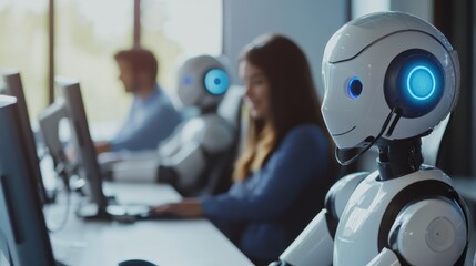 AI-powered robotic customer service agents in a tech company's call center, office environment with customer service robots and staff, Innovative style