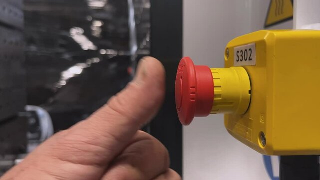 Industrial plant worker presses the big red button to stop the machine. Close up