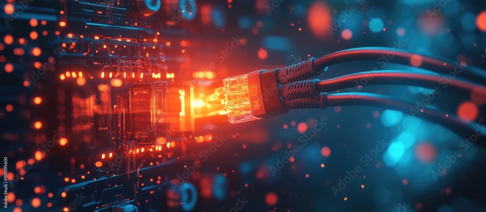 Poster close up of glowing network cables and connectors in a switchboard symbolizing advanced networking c