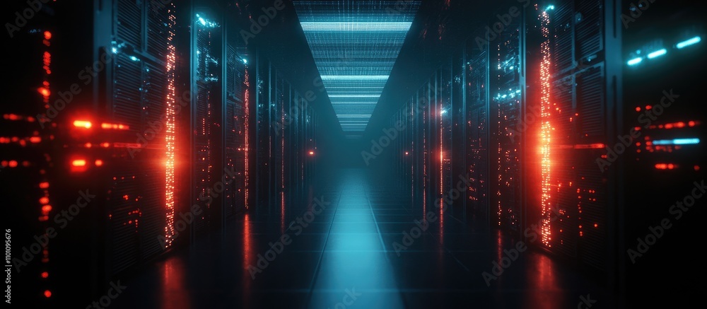 Poster data processing and scientific analysis in a high-tech server room with glowing lights and a futuris