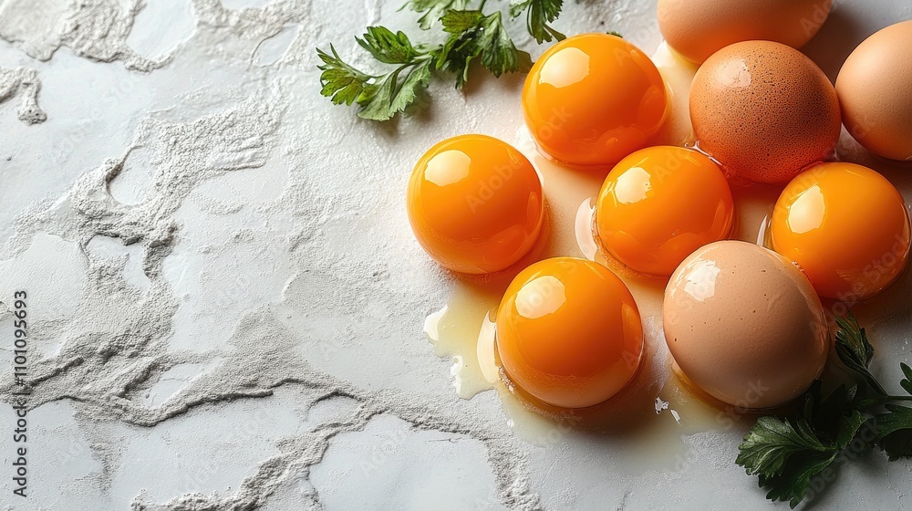 Poster freshly separated egg yolks and whites arranged attractively on a light textured background with gar