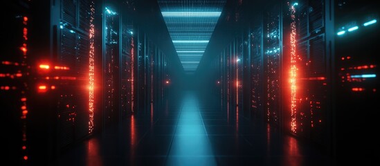 Data processing and scientific analysis in a high-tech server room with glowing lights and a futuristic atmosphere