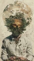 Surreal and imaginative composite portrait of a man wearing a gas mask suit with a skull like face surrounded by nature elements such as leaves foliage and a mystical spiritual atmosphere